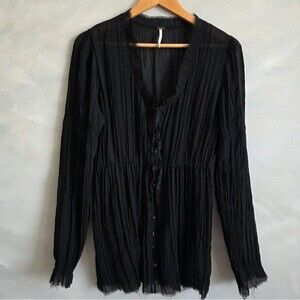 Free People Black Button Front Sheer Mesh  Raw Trim Top Size M Long Sleeve